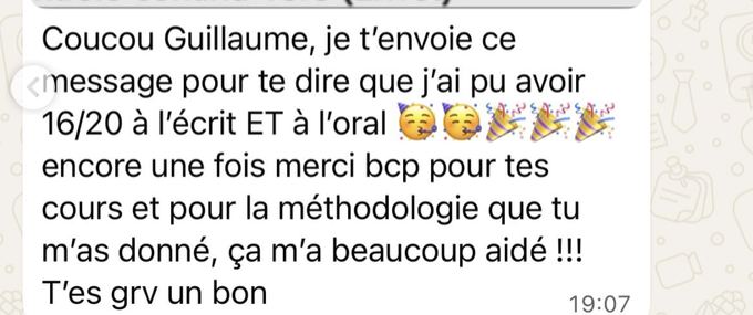 Message d'un élève : 16/20 à l'écrit et à l'oral