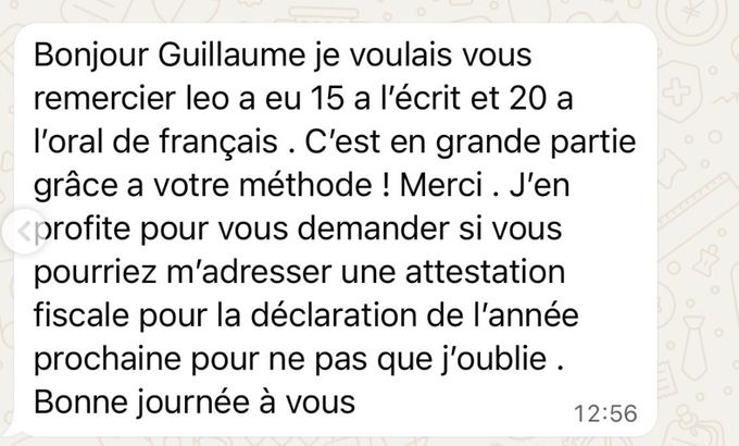Message d'un élève : 15 à l'écrit, 20 à l'oral