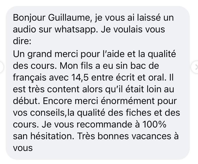 Message d'un élève : 14,5 entre écrit et oral